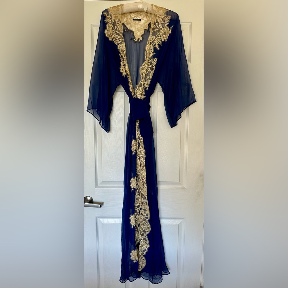 Rosamosario Italian 100% Cobalt Blue Silk Chiffon Long Robe “Riviera Bonjour”